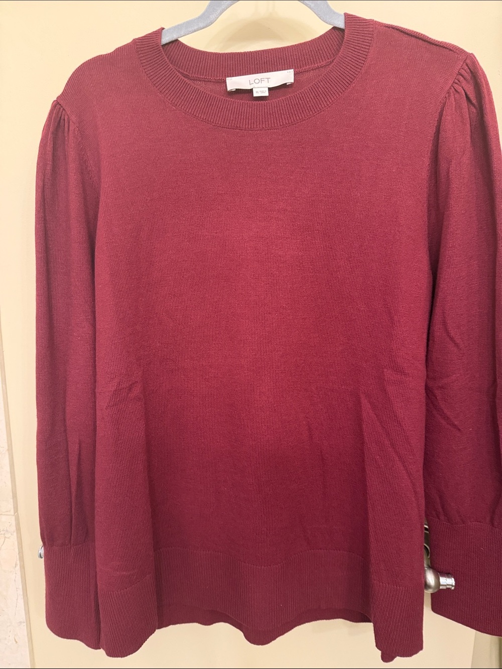 LOFT Burgundy Crewneck Sweater with Puff Sleeves